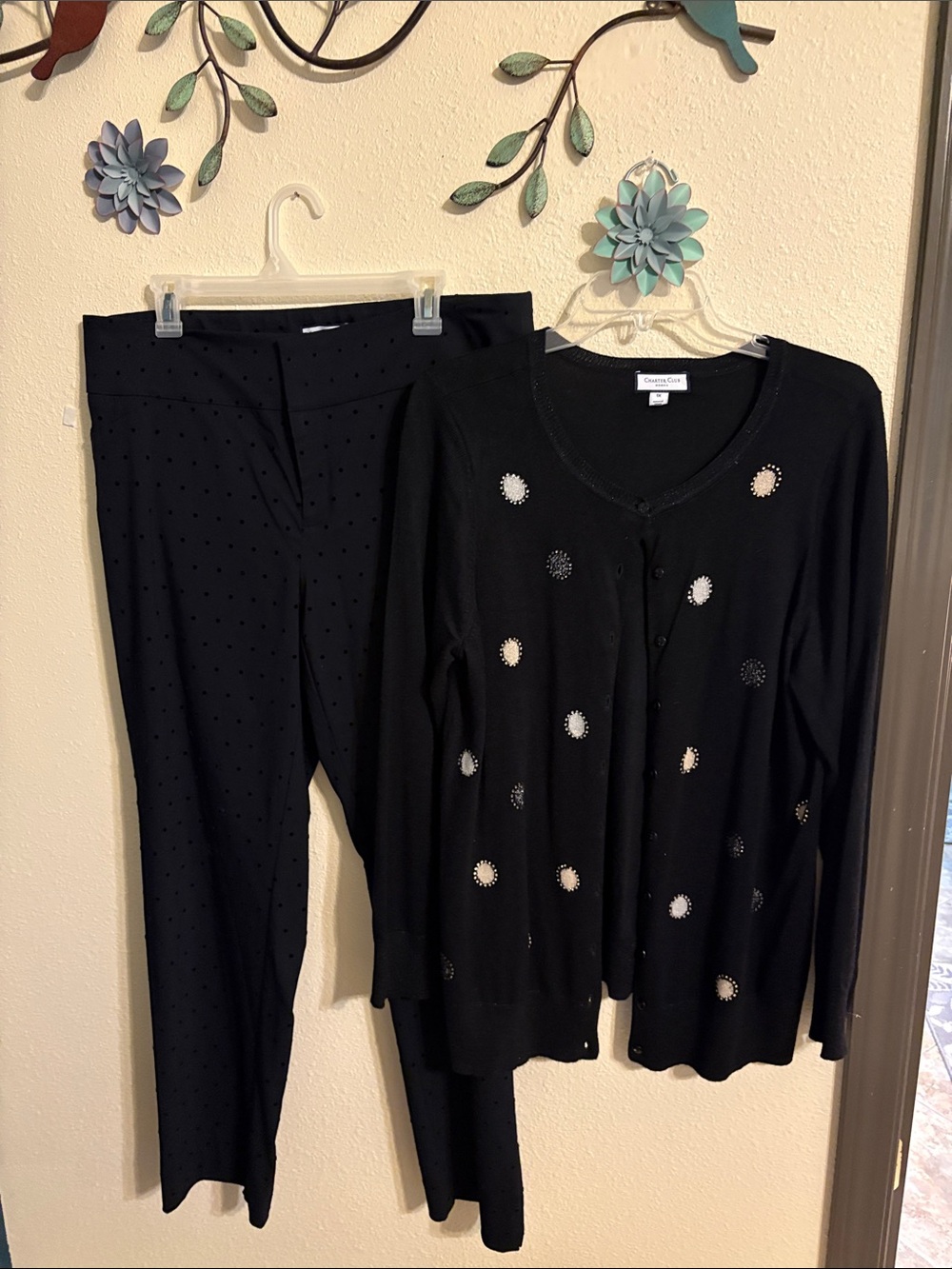 Charter club Black Polka-Dot Skinny Pants with Embellished Black Cardigan